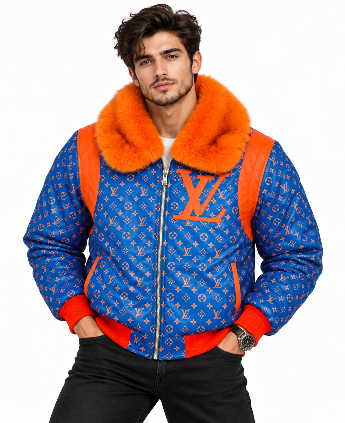 How to Style a Blue and Orange Fur Collar Bomber Jacket for Men