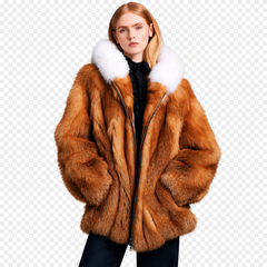 Women's Brown Faux Fur Hooded Coat with White Fur Trim