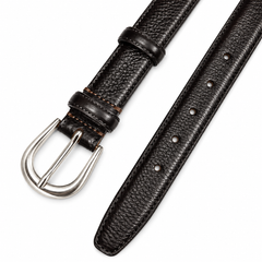 Classic Black Leather Belt with Polished Silver Buckle