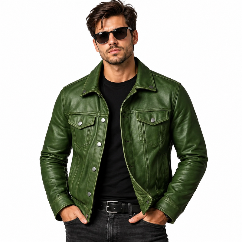 Men’s Emerald Green Leather Trucker Jacket – Classic Button-Up Style