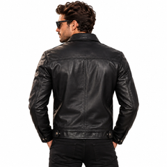 Men's Black Harrington Leather Jacket - Shirt Collar