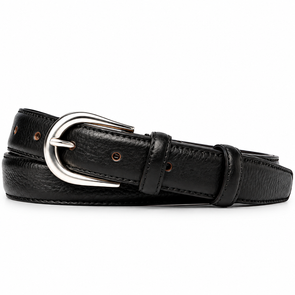 Classic Black Leather Belt with Polished Silver Buckle