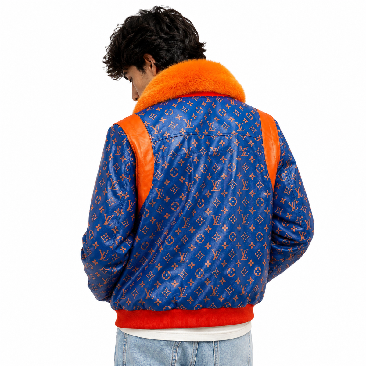 Men’s Blue & Orange Leather Jacket with Faux Fur Collar