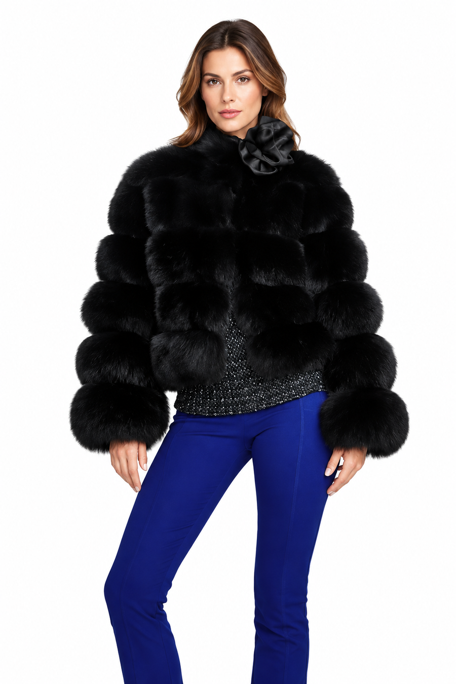 Women’s Black Cropped Faux Fur Jacket – Tiered Plush Winter Coat