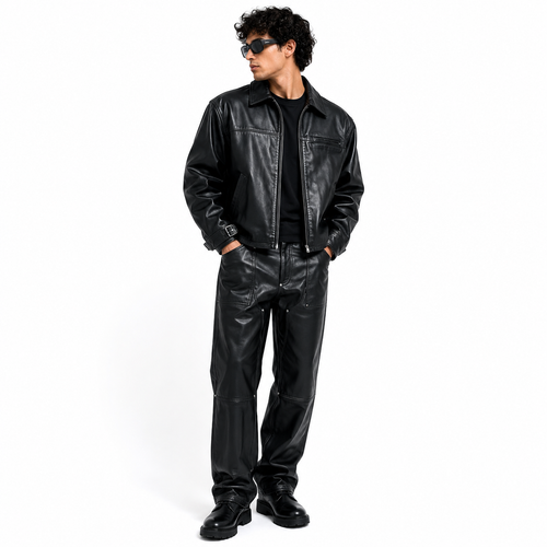 Men’s Black Leather Jacket & Pants Set – Premium Streetwear Outfit