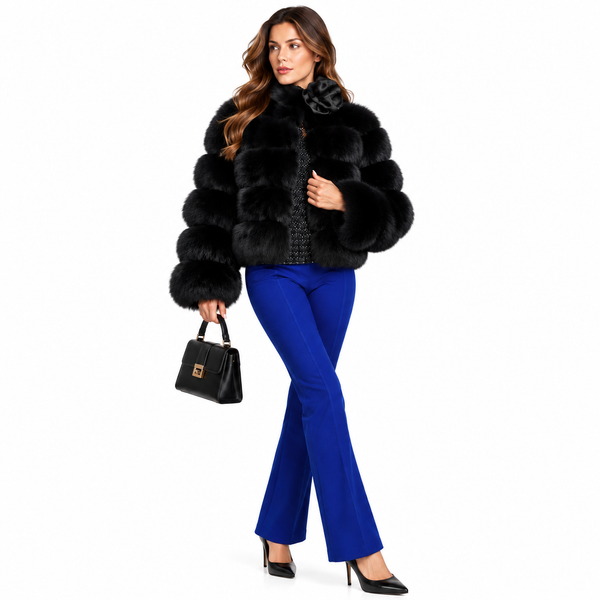 Women’s Black Cropped Faux Fur Jacket – Tiered Plush Winter Coat