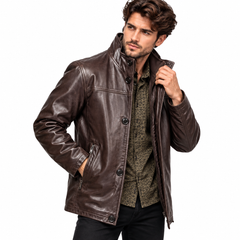 Men’s Dark Brown Lambskin Leather Jacket with Removable Collar