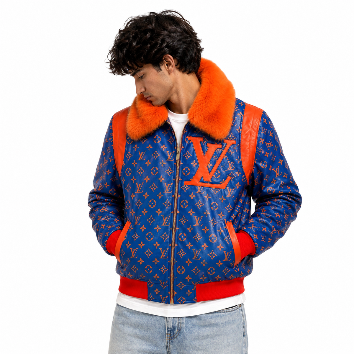 Men’s Blue & Orange Leather Jacket with Faux Fur Collar