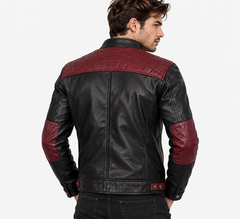 Men Black and Burgundy Cafe Racer Leather Jacket