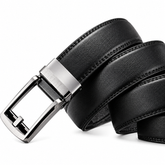 Men’s Classic Black Leather Belt with Polished Silver Buckle