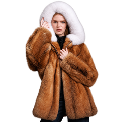 Women's Brown Faux Fur Hooded Coat with White Fur Trim