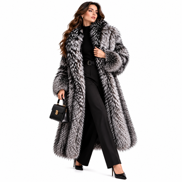 Women’s Long Grey Faux Fur Coat – Luxury Winter Statement Outerwear