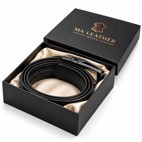 Men’s Classic Black Leather Belt with Polished Silver Buckle