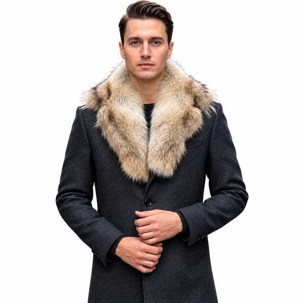 Men’s Charcoal Wool Coat with Natural Coyote Fur Collar