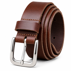 Men’s Classic Brown Leather Belt with Silver Buckle