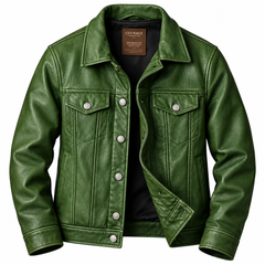 Men’s Emerald Green Leather Trucker Jacket – Classic Button-Up Style