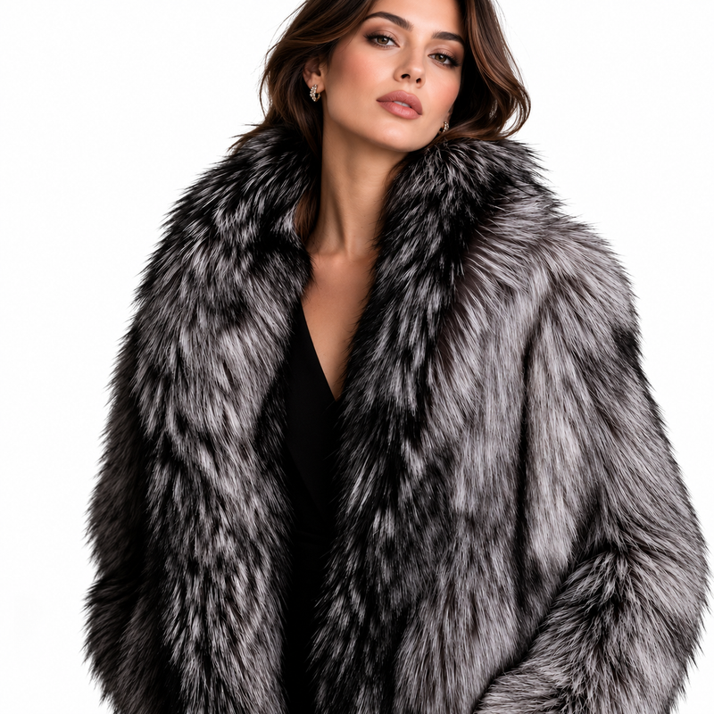 Women’s Long Grey Faux Fur Coat – Luxury Winter Statement Outerwear
