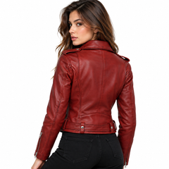 Women's Red Asymmetrical Biker Real Lambskin Leather Jacket