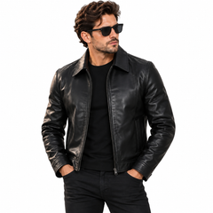 Men's Black Harrington Leather Jacket - Shirt Collar