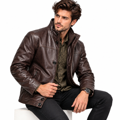 Men’s Dark Brown Lambskin Leather Jacket with Removable Collar