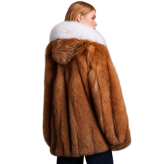 Women's Brown Faux Fur Hooded Coat with White Fur Trim