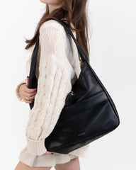 Women’s Black Leather Hobo Shoulder Bag – Classic Everyday Handbag