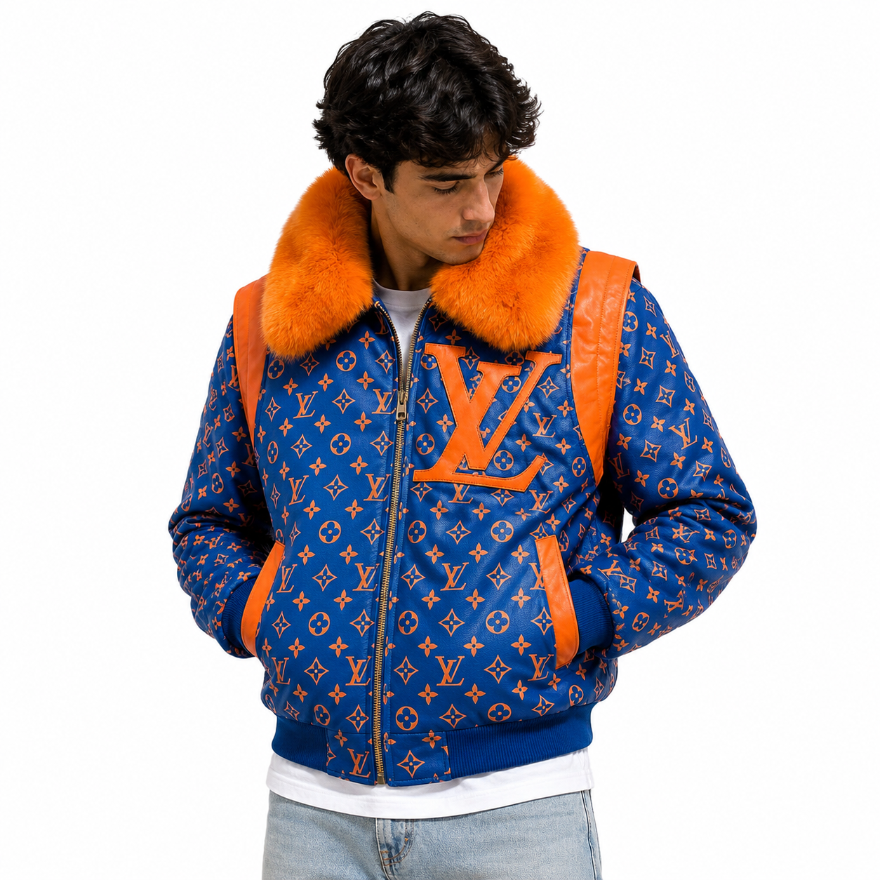 Men’s Blue & Orange Leather Jacket with Faux Fur Collar