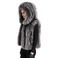 Women’s Silver Fox Fur Hooded Vest – Luxury Winter Fur Gilet