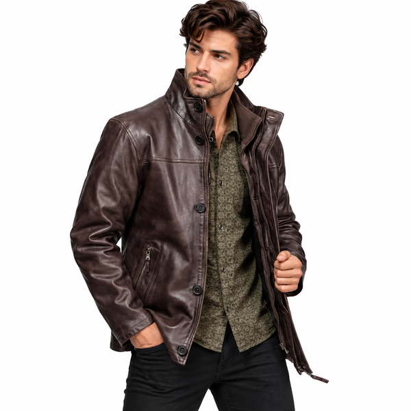Men’s Dark Brown Lambskin Leather Jacket with Removable Collar