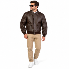 Men’s Classic Brown Leather Bomber Jacket