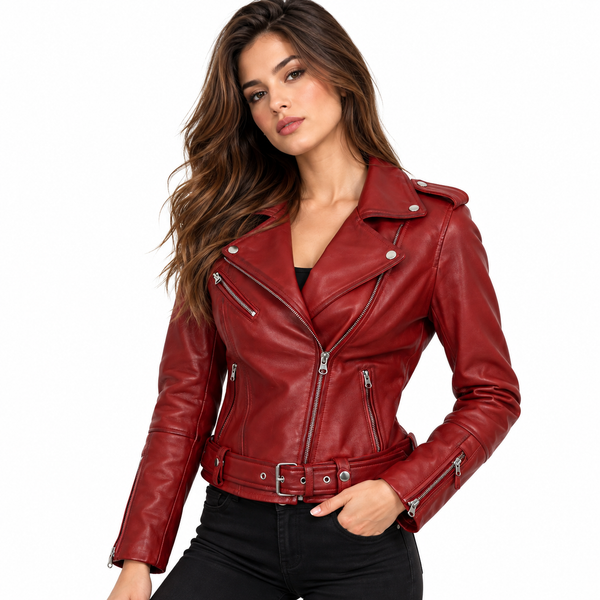 Women's Red Asymmetrical Biker Real Lambskin Leather Jacket