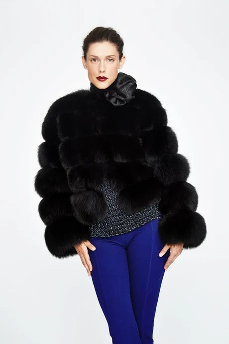 Women’s Black Cropped Faux Fur Jacket – Tiered Plush Winter Coat