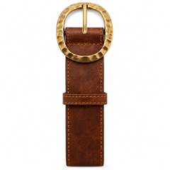 Vintage Brown Leather Belt with Antique Gold Round Buckle