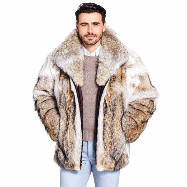 Men’s Natural Coyote Fur Jacket with Oversized Fur Collar