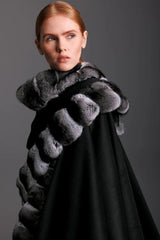 Women’s Luxury Black Cashmere Cape with Chinchilla Fur Trim
