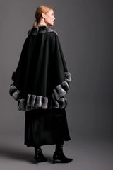 Women’s Luxury Black Cashmere Cape with Chinchilla Fur Trim