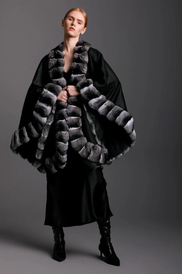 Women’s Luxury Black Cashmere Cape with Chinchilla Fur Trim