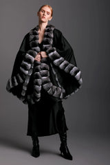 Women’s Luxury Black Cashmere Cape with Chinchilla Fur Trim