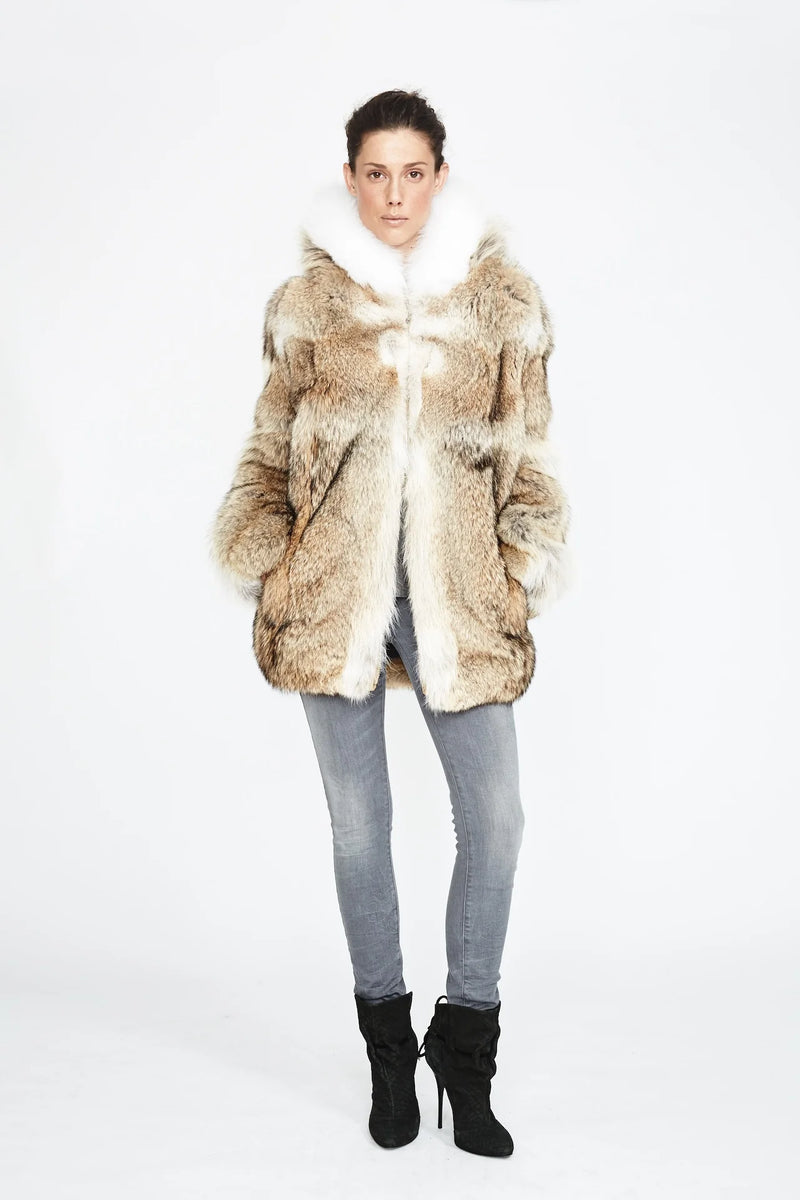 Coyote Fur Jacket with White Fox Fur Trim
