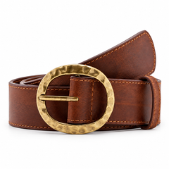 Vintage Brown Leather Belt with Antique Gold Round Buckle