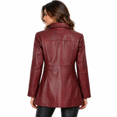 Women’s Burgundy Red Leather Long Coat Jacket
