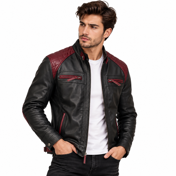 Men Black and Burgundy Cafe Racer Leather Jacket