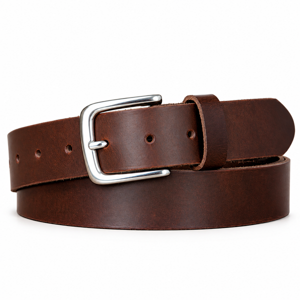 Men’s Classic Brown Leather Belt with Silver Buckle