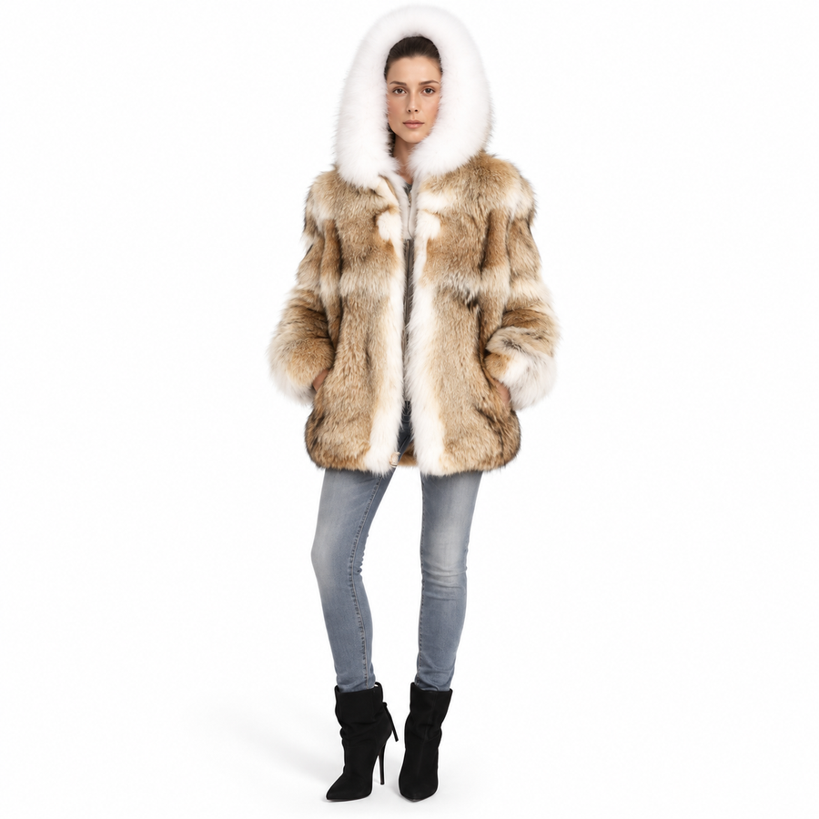 Coyote Fur Jacket with White Fox Fur Trim