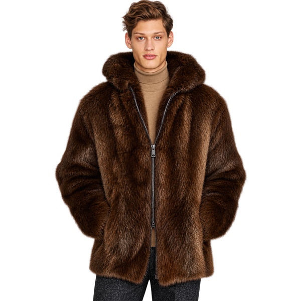 Men’s Brown Faux Fur Hooded Jacket – Warm Winter Coat