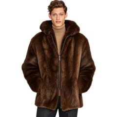 Men’s Brown Faux Fur Hooded Jacket – Warm Winter Coat