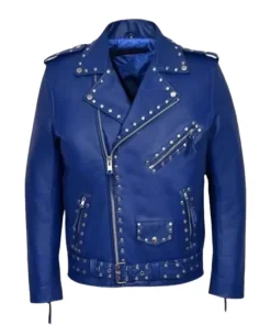 Blue Studded Biker Leather Jacket