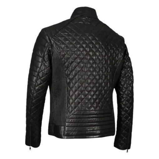 Men Black Full Quilted Style Real Leather Jacket