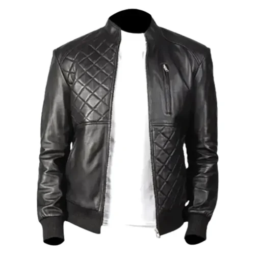 Mens Black Genuine Leather Quilted Style Jacket