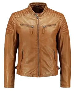 Men’s Paded Tan Leather Biker Jacket